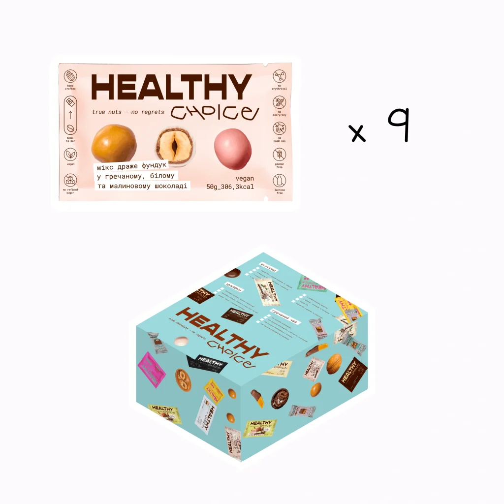 Шоу бокс мікс драже у гречаному молочно білому та малиновому шоколаді